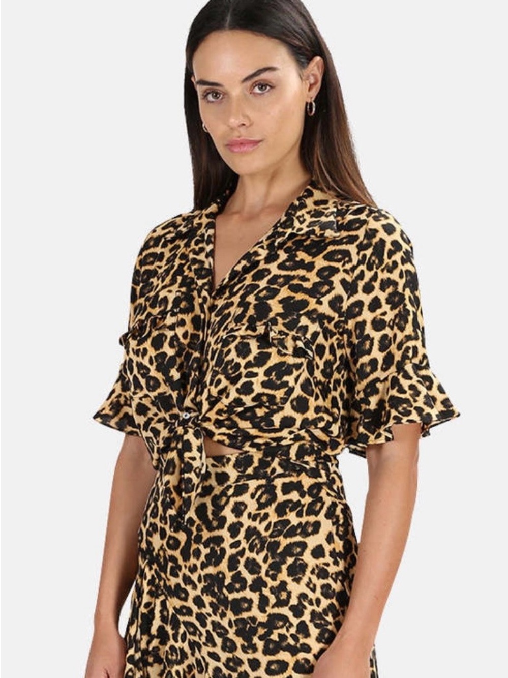 Misa Los Angeles Leopard Ruffle Sheer Blouse - Tan & Black